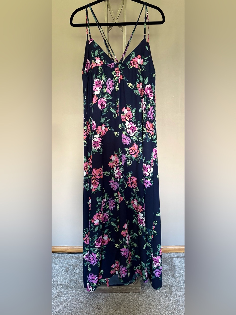 Boho Flowy Floral Maxi Dress Strappy Cross Back Navy Pink Rose Sundress